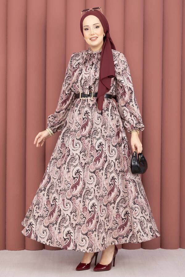 MD - Şal Desen Beli Büzgülü Tesettür Elbise Bordo
