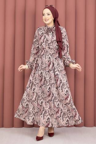 Şal Desen Beli Büzgülü Tesettür Elbise Bordo - Thumbnail
