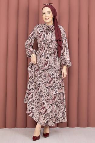 Şal Desen Beli Büzgülü Tesettür Elbise Bordo - Thumbnail