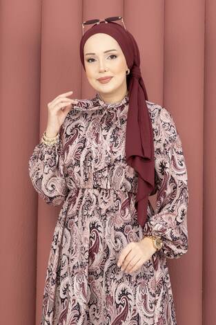 Şal Desen Beli Büzgülü Tesettür Elbise Bordo - Thumbnail
