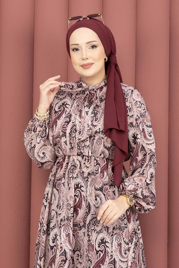 MD - Şal Desen Beli Büzgülü Tesettür Elbise Bordo (1)