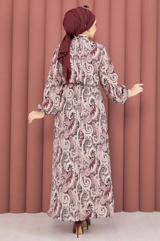 Şal Desen Beli Büzgülü Tesettür Elbise Bordo - Thumbnail