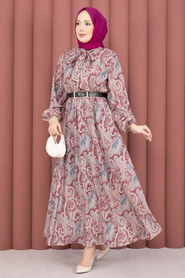 MD - Şal Desen Beli Büzgülü Tesettür Elbise Fuşya