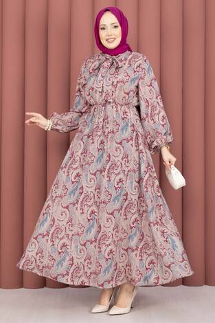 Şal Desen Beli Büzgülü Tesettür Elbise Fuşya - Thumbnail