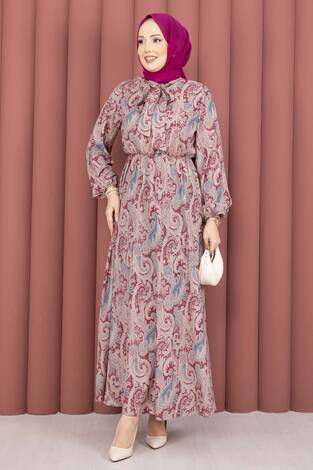 Şal Desen Beli Büzgülü Tesettür Elbise Fuşya - Thumbnail