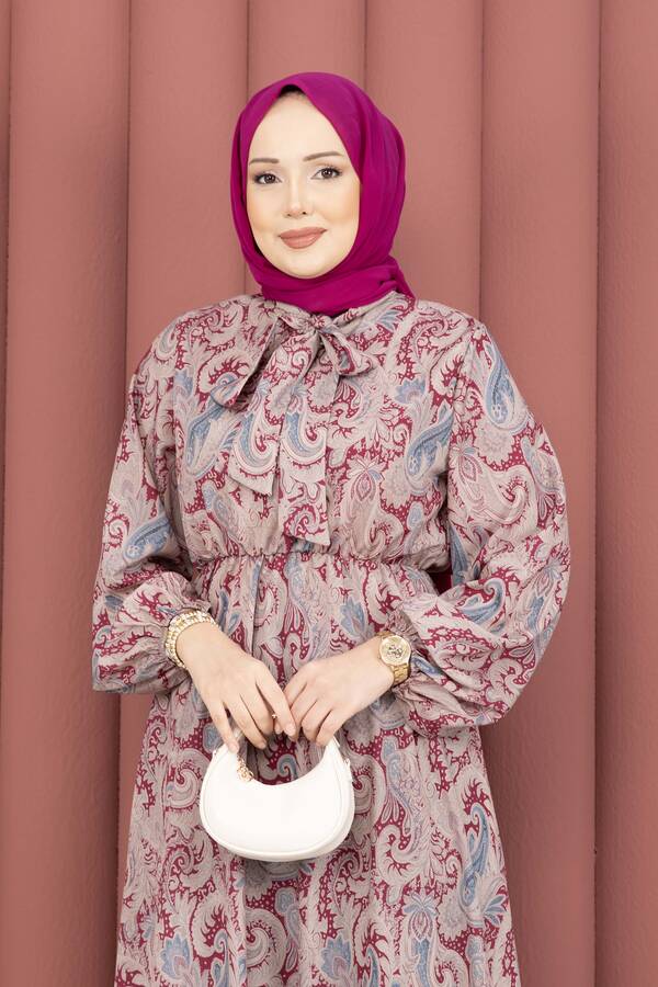 MD - Şal Desen Beli Büzgülü Tesettür Elbise Fuşya (1)