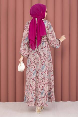Şal Desen Beli Büzgülü Tesettür Elbise Fuşya - Thumbnail