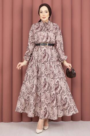 Şal Desen Beli Büzgülü Tesettür Elbise Kahve