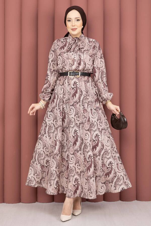 MD - Şal Desen Beli Büzgülü Tesettür Elbise Kahve