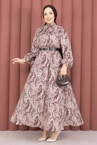 Şal Desen Beli Büzgülü Tesettür Elbise Kahve - Thumbnail