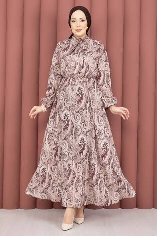 Şal Desen Beli Büzgülü Tesettür Elbise Kahve - Thumbnail