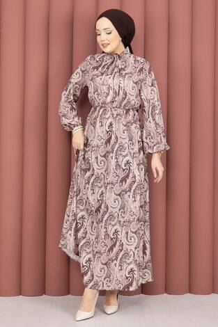 Şal Desen Beli Büzgülü Tesettür Elbise Kahve - Thumbnail