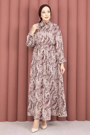 Şal Desen Beli Büzgülü Tesettür Elbise Kahve - Thumbnail