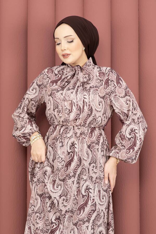 MD - Şal Desen Beli Büzgülü Tesettür Elbise Kahve (1)