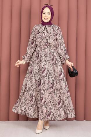 Şal Desen Beli Büzgülü Tesettür Elbise Mürdüm - Thumbnail