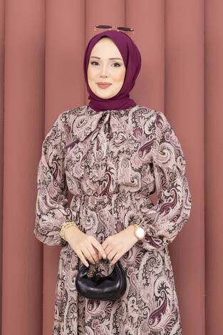 Şal Desen Beli Büzgülü Tesettür Elbise Mürdüm - Thumbnail