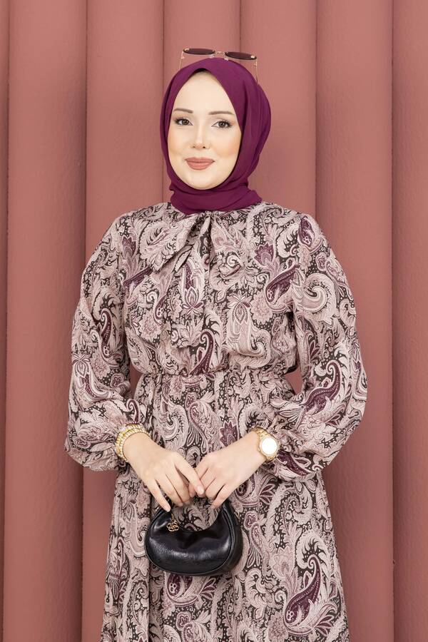 MD - Şal Desen Beli Büzgülü Tesettür Elbise Mürdüm (1)