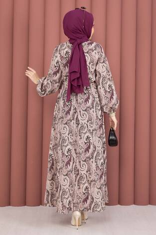 Şal Desen Beli Büzgülü Tesettür Elbise Mürdüm - Thumbnail