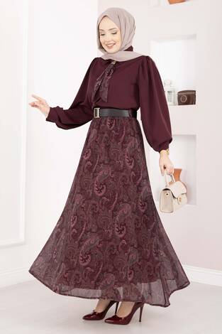 Şal Desen Fularlı Gömlek & Kemerli Etek Takım Bordo - Thumbnail