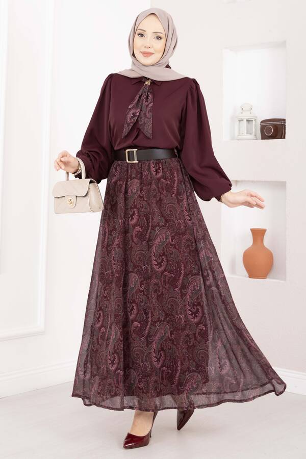Şal Desen Fularlı Gömlek & Kemerli Etek Takım Bordo - 4