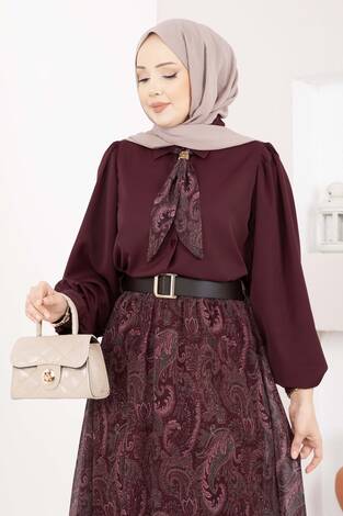 Şal Desen Fularlı Gömlek & Kemerli Etek Takım Bordo - Thumbnail