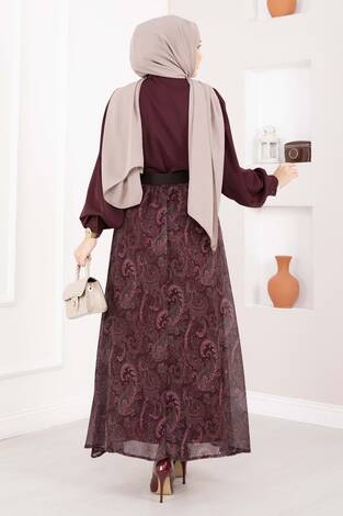 Şal Desen Fularlı Gömlek & Kemerli Etek Takım Bordo - Thumbnail
