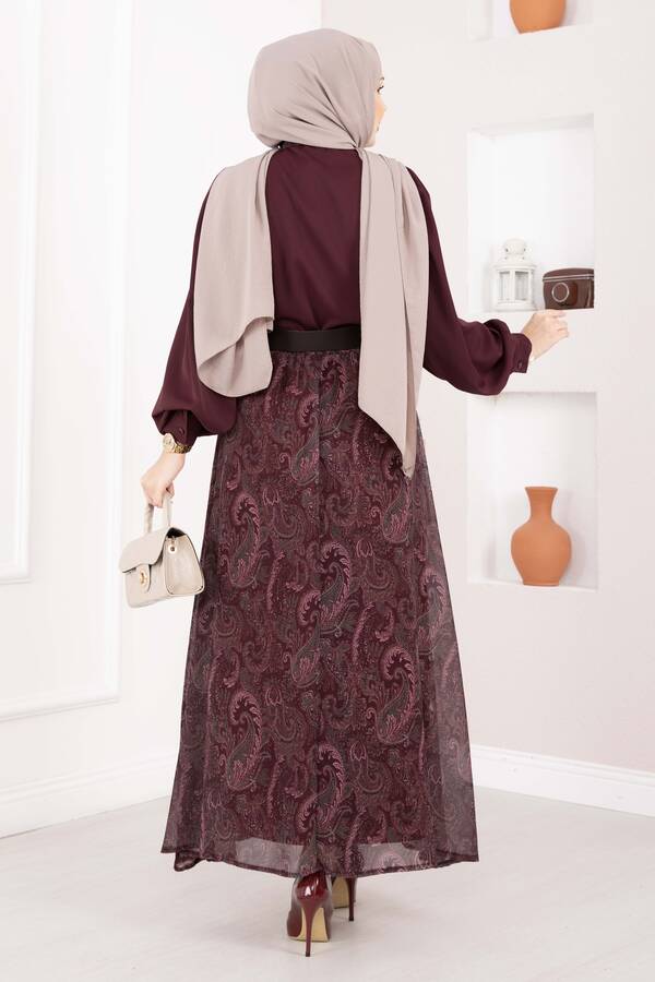 Şal Desen Fularlı Gömlek & Kemerli Etek Takım Bordo - 6