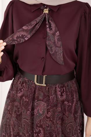 Şal Desen Fularlı Gömlek & Kemerli Etek Takım Bordo - Thumbnail