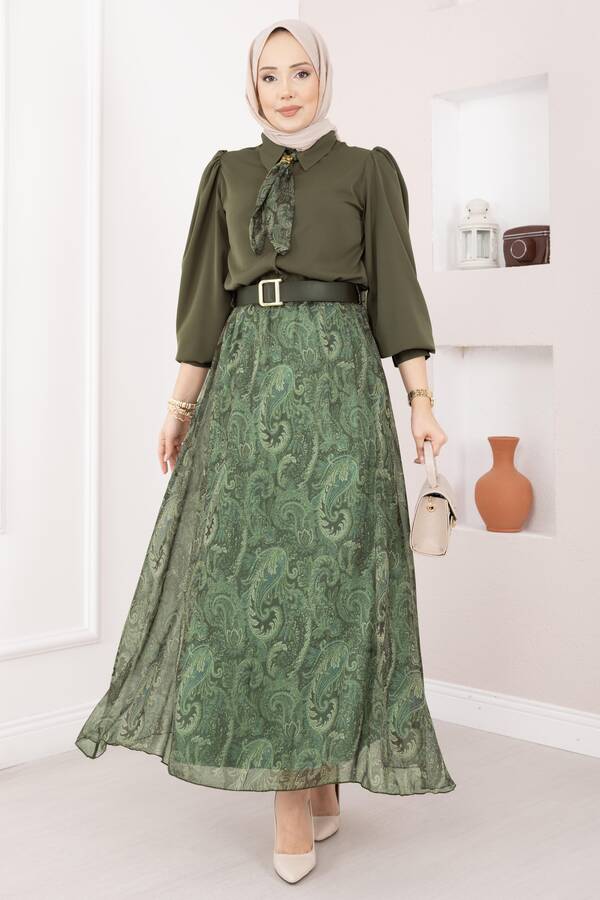 Htn - Şal Desen Fularlı Gömlek & Kemerli Etek Takım Haki