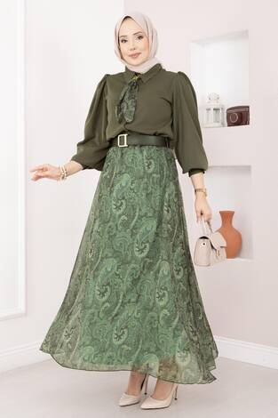 Şal Desen Fularlı Gömlek & Kemerli Etek Takım Haki - Thumbnail