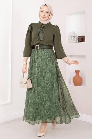 Şal Desen Fularlı Gömlek & Kemerli Etek Takım Haki - Thumbnail
