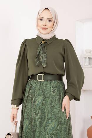 Şal Desen Fularlı Gömlek & Kemerli Etek Takım Haki - Thumbnail