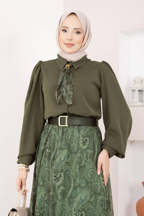 Htn - Şal Desen Fularlı Gömlek & Kemerli Etek Takım Haki (1)
