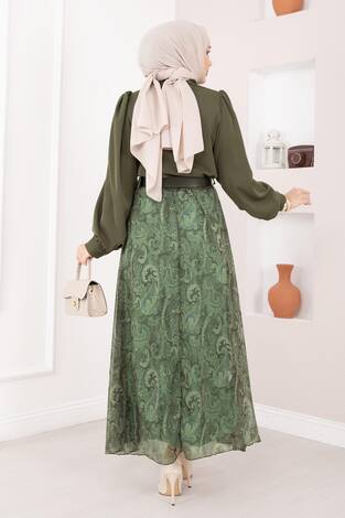 Şal Desen Fularlı Gömlek & Kemerli Etek Takım Haki - Thumbnail