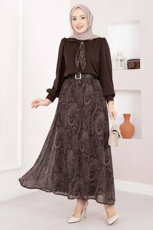 Şal Desen Fularlı Gömlek & Kemerli Etek Takım Kahve - Thumbnail