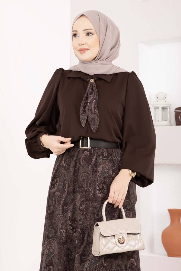 Htn - Şal Desen Fularlı Gömlek & Kemerli Etek Takım Kahve (1)