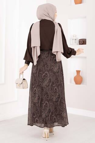 Şal Desen Fularlı Gömlek & Kemerli Etek Takım Kahve - Thumbnail