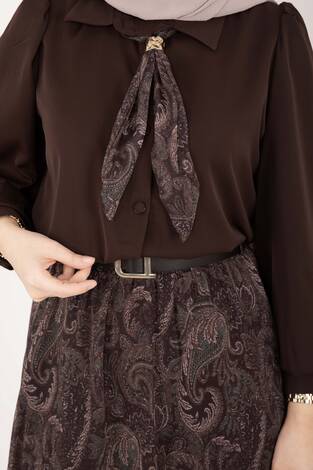 Şal Desen Fularlı Gömlek & Kemerli Etek Takım Kahve - Thumbnail