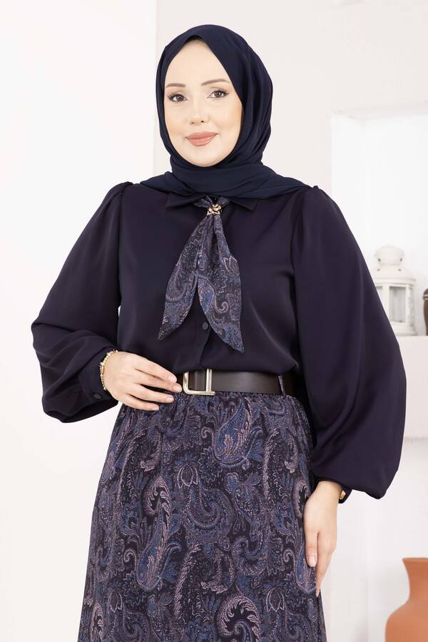 Htn - Şal Desen Fularlı Gömlek & Kemerli Etek Takım Lacivert (1)