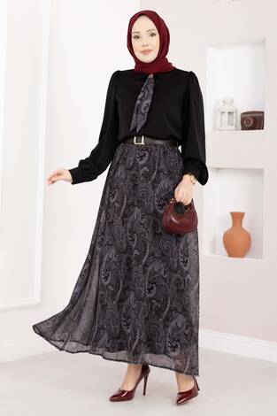 Şal Desen Fularlı Gömlek & Kemerli Etek Takım Siyah