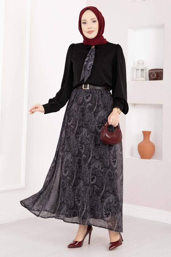 Htn - Şal Desen Fularlı Gömlek & Kemerli Etek Takım Siyah