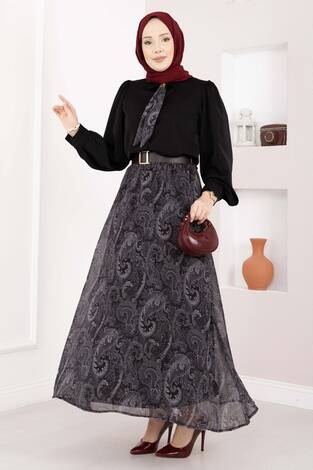 Şal Desen Fularlı Gömlek & Kemerli Etek Takım Siyah - Thumbnail