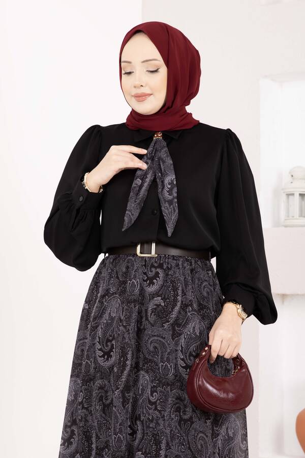 Htn - Şal Desen Fularlı Gömlek & Kemerli Etek Takım Siyah (1)