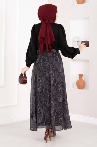 Şal Desen Fularlı Gömlek & Kemerli Etek Takım Siyah - Thumbnail