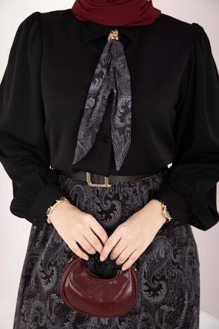 Şal Desen Fularlı Gömlek & Kemerli Etek Takım Siyah - Thumbnail