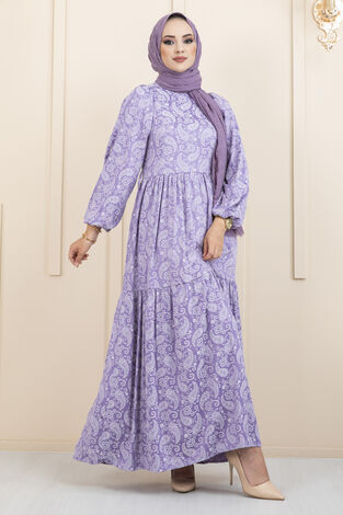 Şal Desen Kemerli Tesettür Elbise Lila - Thumbnail