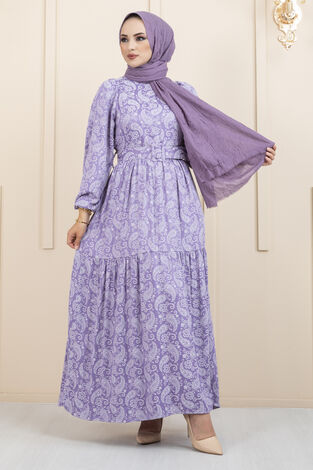 Şal Desen Kemerli Tesettür Elbise Lila - Thumbnail