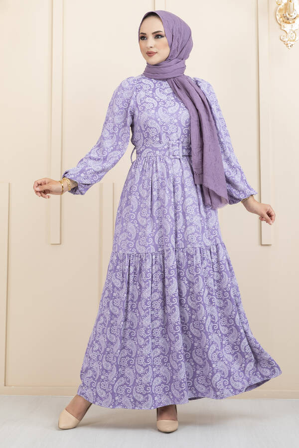 Şal Desen Kemerli Tesettür Elbise Lila