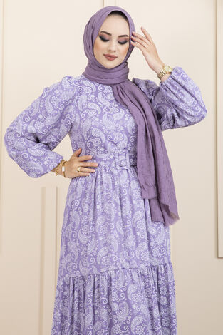 Şal Desen Kemerli Tesettür Elbise Lila - Thumbnail