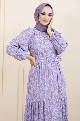 Şal Desen Kemerli Tesettür Elbise Lila - Thumbnail
